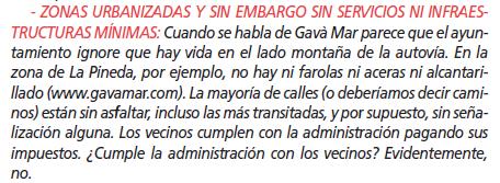 Extracte de l'article publicat per Josep Llobet (regidor del PPC de Gav) sobre la situaci de la 'banda muntanya' de Gav Mar(10 de Desembre de 2009)